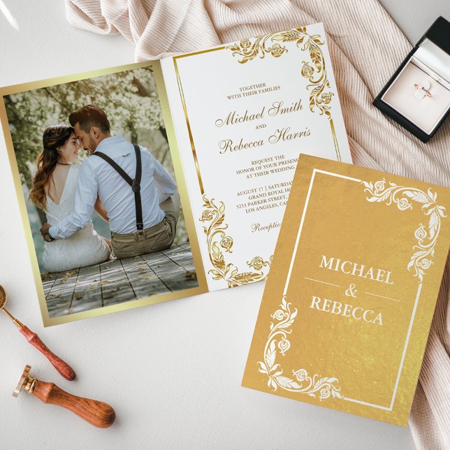 Gold Foil Floral Photo White Wedding Invitation (Creator Uploaded)