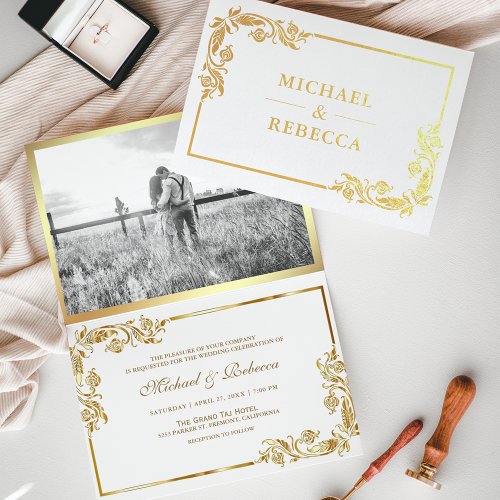 Gold Foil Floral Photo White Wedding Invitation