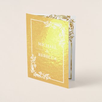 Gold Foil Floral Photo White Wedding Invitation 