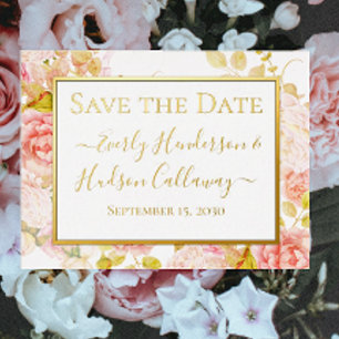 Gold Foil Floral Pink Gold Border Wedding RSVP Foil Invitation Postcard