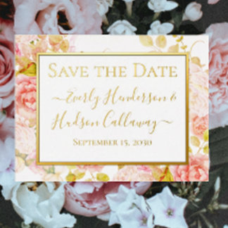 Gold Foil Floral Pink Gold Border Wedding RSVP Invitation Postcard