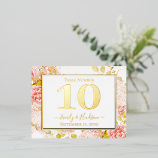 Gold Foil Floral Pink Gold Wedding Table Number