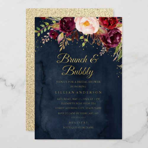 GOLD FOIL Floral Red Burgundy Brunch And Bubbly Fo Foil Invitation