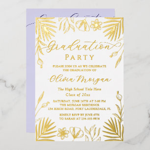 Gold Foil Floral Script Purple Graduation Photo Foil Invitation