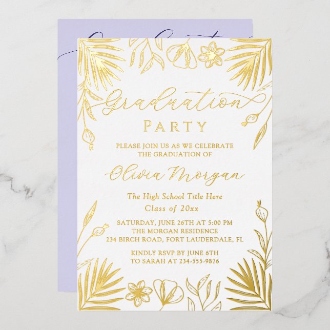 Gold Foil Floral Script Purple Graduation Photo Foil Invitation (Front/Back)