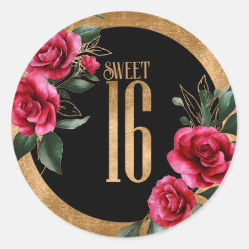 Gold Foil Floral Sweet Sixteen Black ID756 Classic Round Sticker