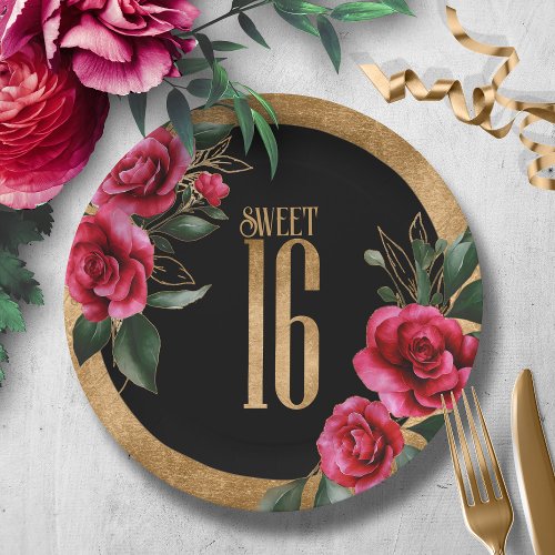 Gold Foil Floral Sweet Sixteen Black ID757 Paper Plates