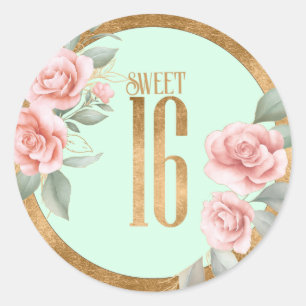 Gold Foil Floral Sweet Sixteen Mint Green ID756 Classic Round Sticker