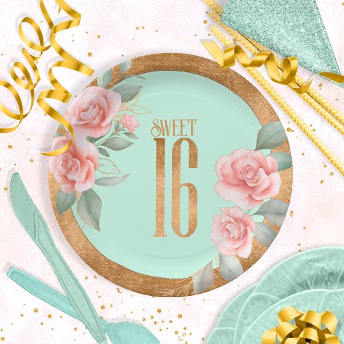 Gold Foil Floral Sweet Sixteen Mint Green ID757 Paper Plates