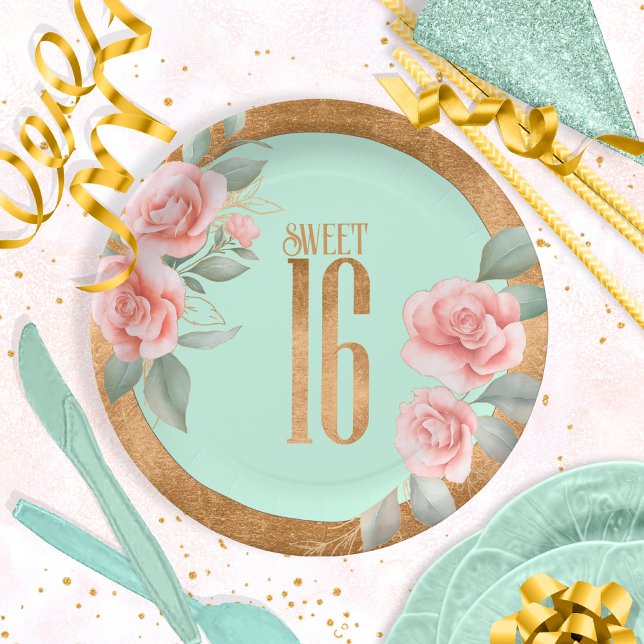 Gold Foil Floral Sweet Sixteen Mint Green ID757 Paper Plates (Creator Uploaded)