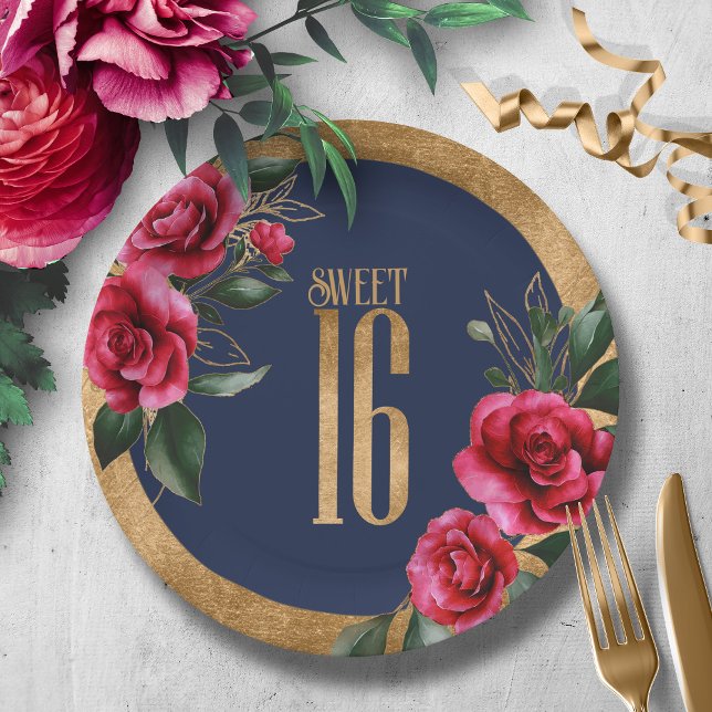 Gold Foil Floral Sweet Sixteen Navy Blue ID757 Paper Plates (Creator Uploaded)