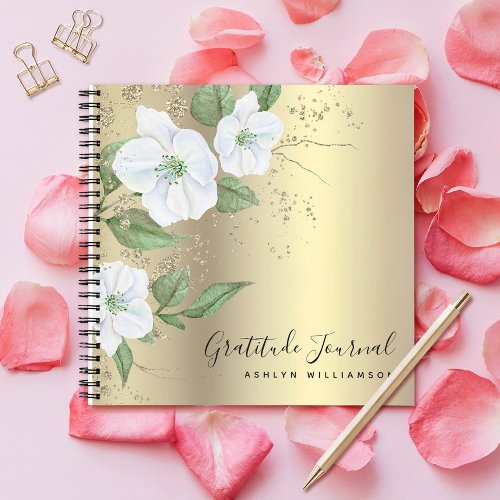 Gold Foil Floral Watercolor Script Name Gratitude Notebook
