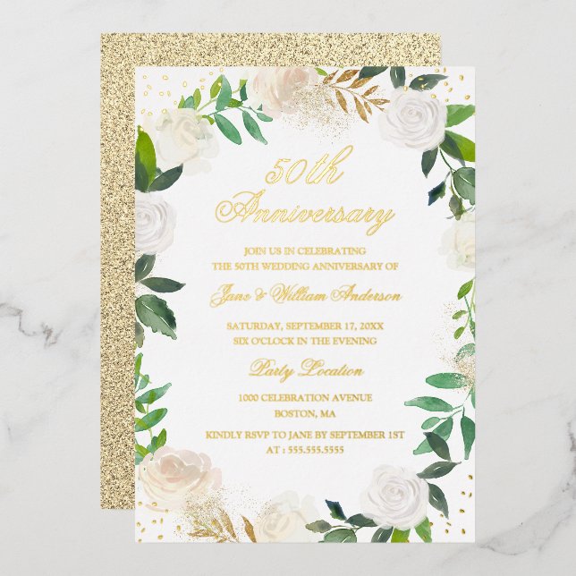 GOLD FOIL Floral Wreath Anniversary  Invitation (Front/Back)