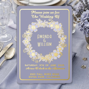 Gold Foil Floral Wreath Dusty Blue Wedding Invitation