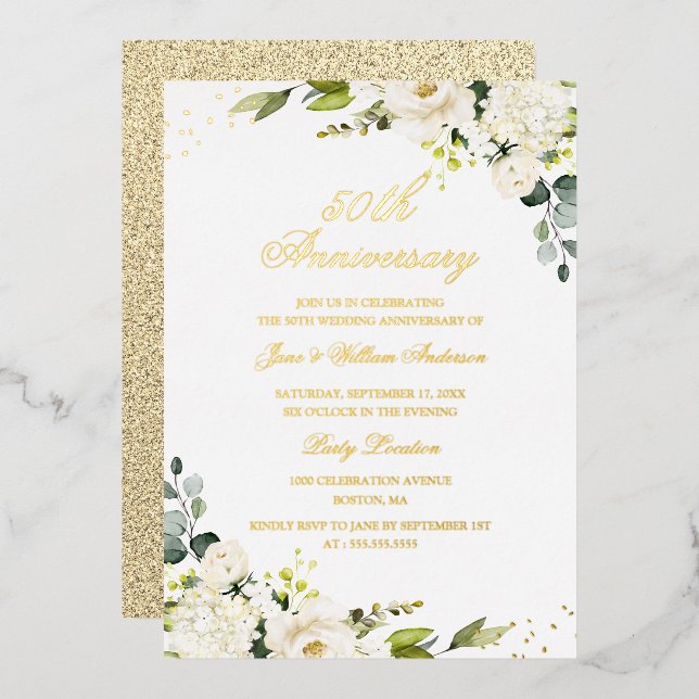 GOLD FOIL Flower 50th Anniversary Foil Invitation (Front/Back)