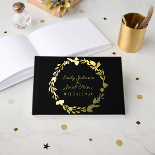 Gold Foil Flower Wreath Elegant Black Wedding Guest Book