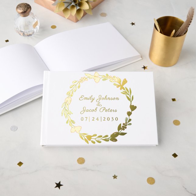 Gold Foil Flower Wreath Elegant White Wedding Guest Book (Front Open)