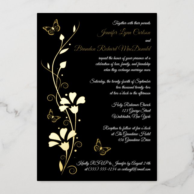 Gold Foil Flowers and Butterflies Wedding Invite (Front)