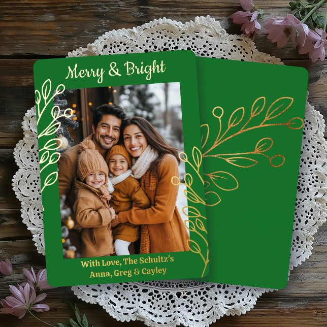 Gold Foil Foliage and Family Photo Christmas Foil Holiday Card (Creator Uploaded)