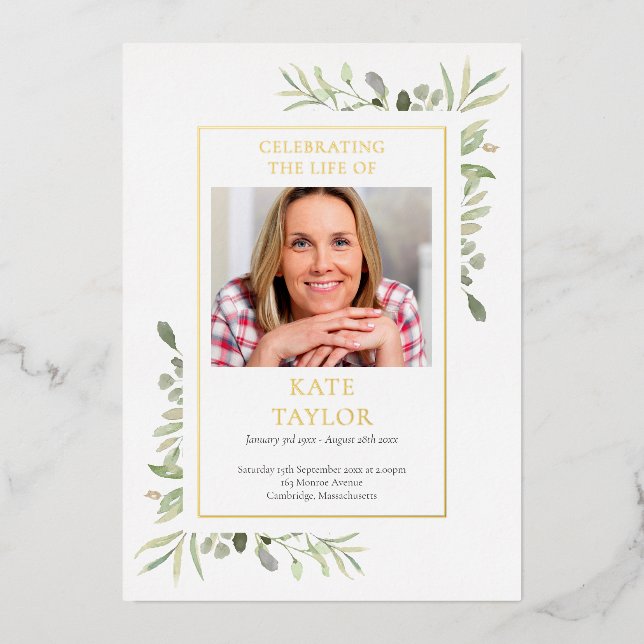 Gold Foil Foliage Funeral Order Of Service Program (Front)