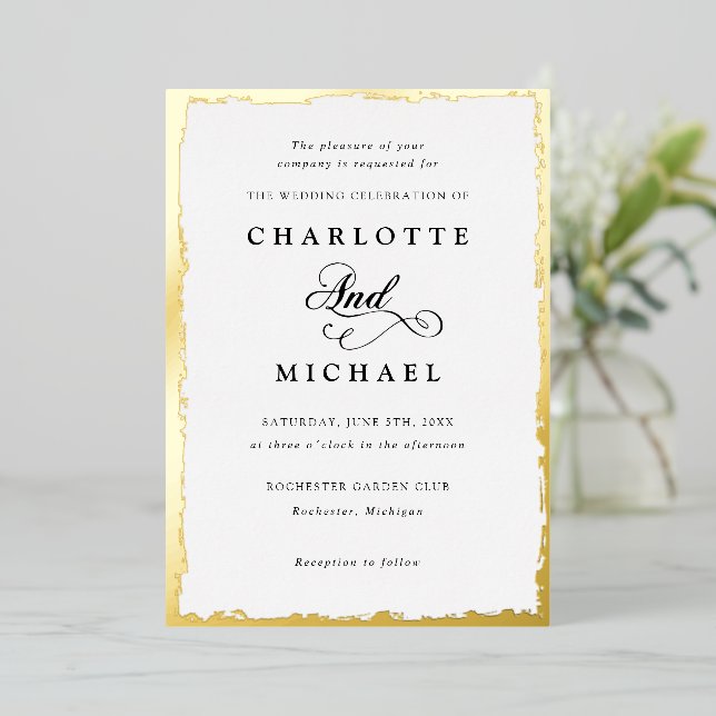 Gold foil frame and calligraphy wedding foil invit invitation (Standing Front)