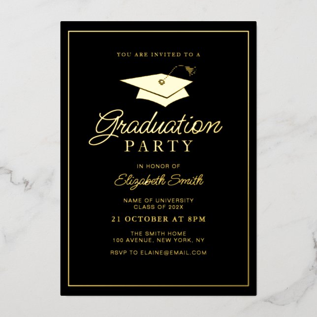 gold foil frame black graduation party invitation (Front)