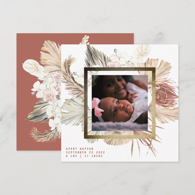 Gold Foil Frame Boho Pampas Boho Photo Birth Announcement (Front/Back)