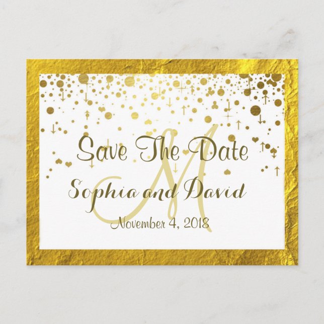 Gold Foil Frame Confetti Wedding SAVE THE DATE Announcement Postcard (Front)