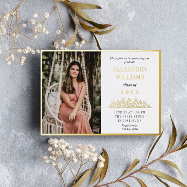 Gold Foil Frame & Florals Photo Graduation Foil Invitation (Creator Uploaded)