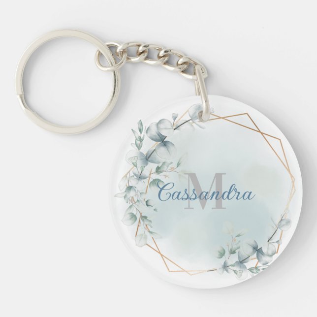 Gold Foil Frame With Eucalyptus - Monogrammed Keychain (Front)