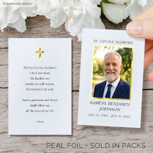 Gold Foil Funeral Memorial Prayer Photo Blue Card