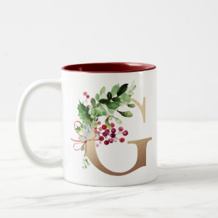 Gold Foil G Monogram Pine & Berry Christmas Two- Two-Tone Coffee Mug