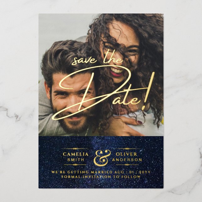 Gold Foil Galaxy Navy Save The Date QR Code Invitation (Front)