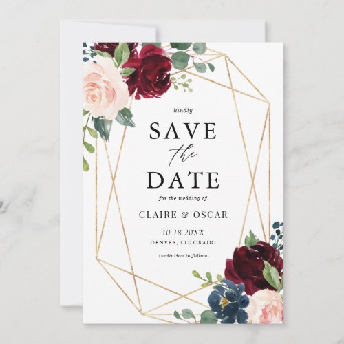 Gold Foil Geometric Burgundy Floral Frame Fall Save The Date