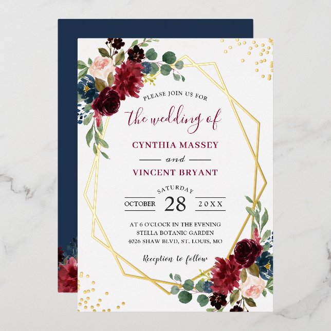 Gold Foil Geometric | Burgundy Navy Floral Wedding Foil Invitation (Front/Back)
