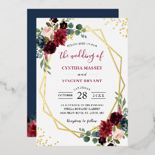 Gold Foil Geometric   Burgundy Navy Floral Wedding Invitation