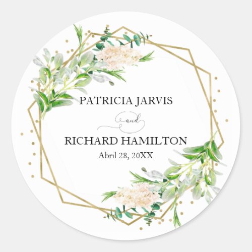 Gold Foil Geometric Greenery Elegant Wedding Classic Round Sticker