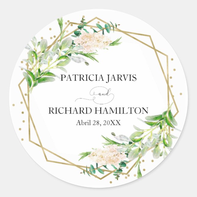 Gold Foil Geometric Greenery Elegant Wedding Classic Round Sticker (Front)