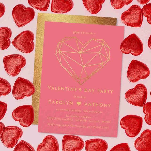 Gold Foil Geometric Heart Valentine's Day Party Invitation (Creator Uploaded)