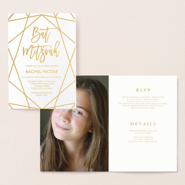 Gold Foil Geometric | Photo Bat Mitzvah Invitation (Display)