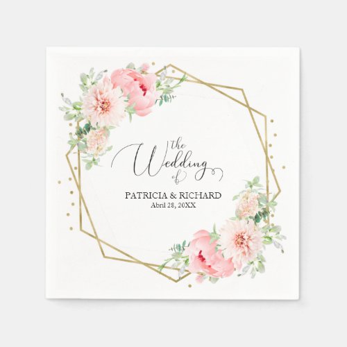 Gold Foil Geometric Pink Blush Floral Wedding Napkins