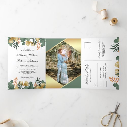 Gold Foil Geometric Tropical Leaves Photo Wedding Tri_Fold Invitation