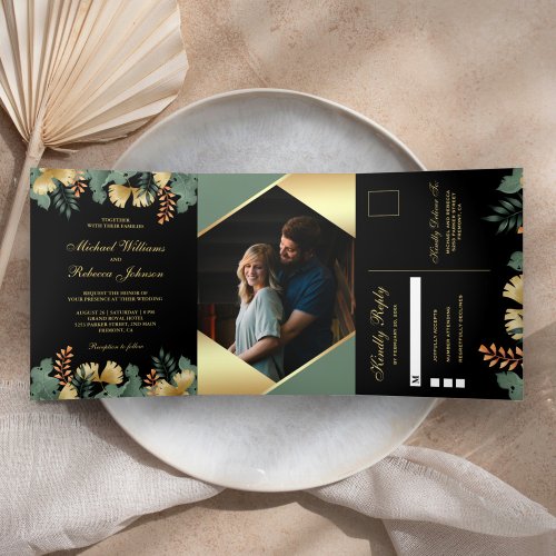 Gold Foil Geometric Tropical Leaves Photo Wedding Tri_Fold Invitation