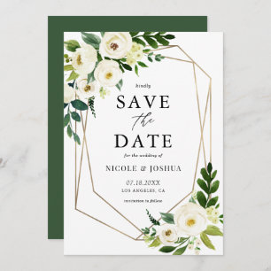 Gold Foil Geometric White Floral Frame Spring Save The Date