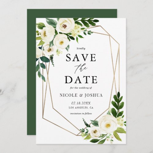 Gold Foil Geometric White Floral Frame Spring Save The Date