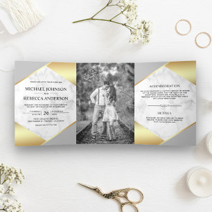 Gold Foil Geometric White Marble Photo Wedding Tri-Fold Invitation