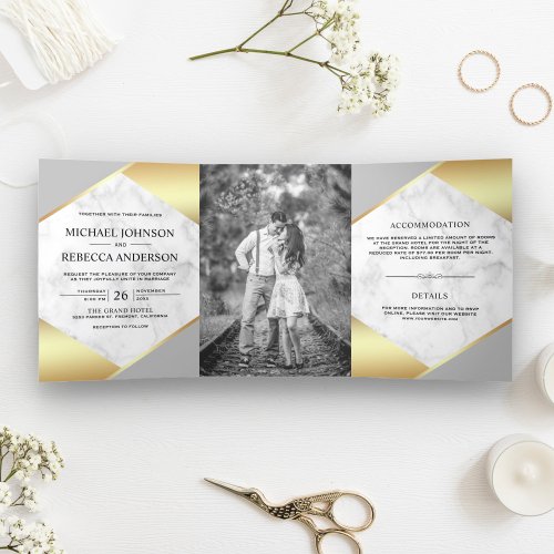 Gold Foil Geometric White Marble Photo Wedding Tri_Fold Invitation