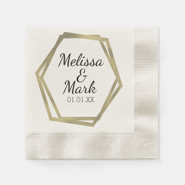 Gold Foil Geometrical Frame Wedding Couples Ecru Napkins (Front)