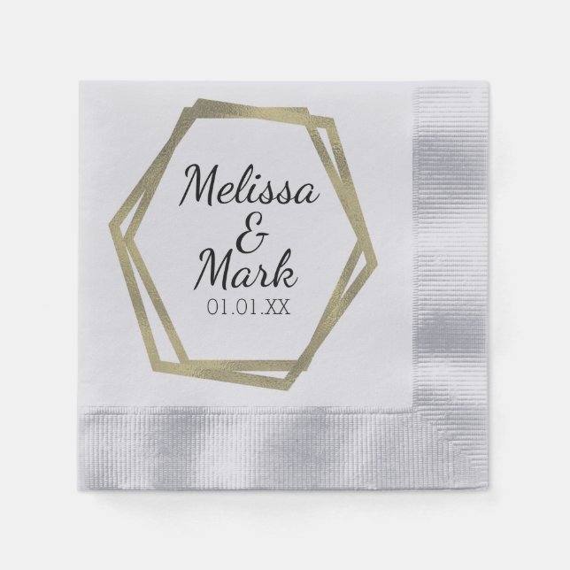 Gold Foil Geometrical Frame Wedding Couples Name Napkins (Front)