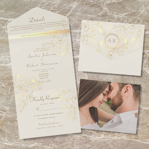 Gold Foil Gilded Floral Wedding All In One Invitation